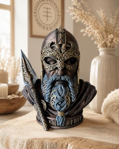 Buste Odin 24 cm   Statue Viking Mythologie Nordique D�co Guerrier Bronze Bleu O