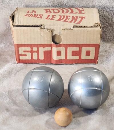 Ancienne paire de boules de p�tanque caf�s J. VABRE Siroco bo�te cochonnet