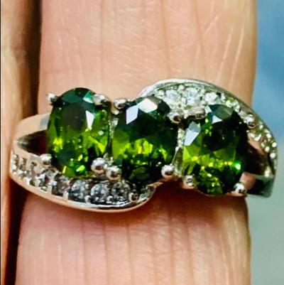 Bague 5g T54 en Or Blanc Massif Tourmaline Verte 10K-PAS 18 Carats Pierres Fines