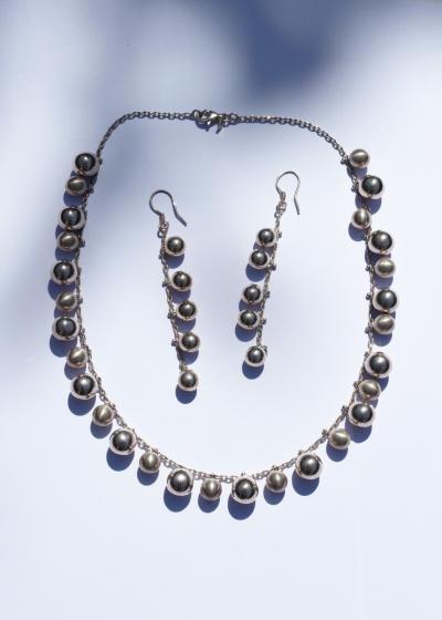 Parure Collier Boucles d'oreilles Argent 925 Massif Sph�res Cascade Vintage 40g