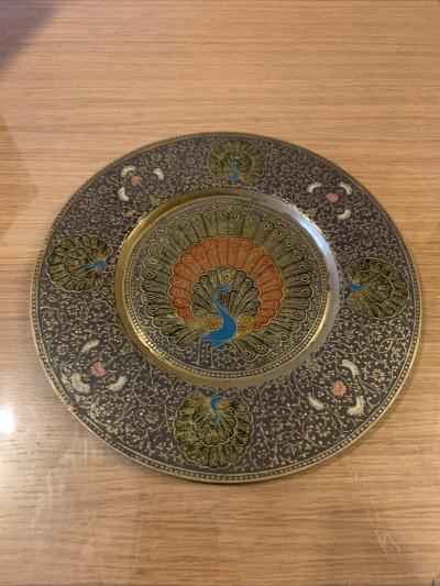 Plateau  En Laiton D�cor Paon �maill� Diam�tre 30 Cm GBB