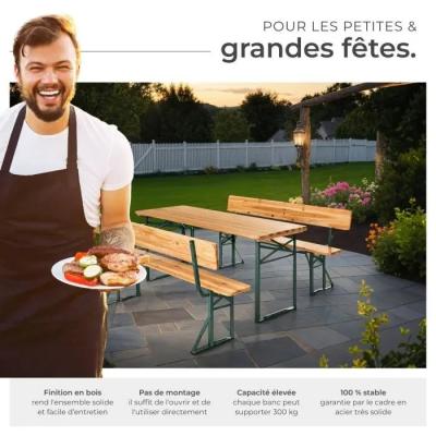 Ensemble Brasserie Table Bancs Pliables Bois Sapin Dossier Amovible F�te Jardin