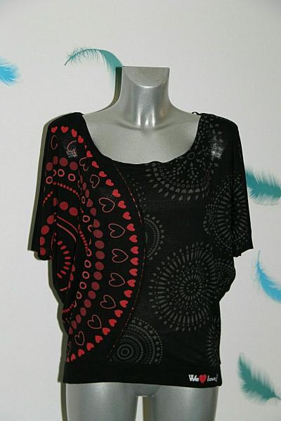 Desigual  Bel Top Pipistrello Topi Nero Rosso Estate TAGLIA S Eccellente Stato