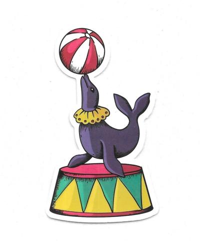 AUTOCOLLANT   OTARIE : JONGLE CIRQUE CIRCUS : HUMOUR ACROBATE PHOQUE - STICKERS