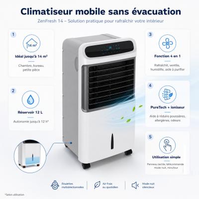 Climatiseur Sans Evacuation Mobile Humidificateur   14 m2   65 DB   mode nuit