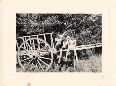 ANCIENNE PHOTOGRAPHIE TRIO D'ENFANTS PRENNENT LA POSE SUR UNE CHARRETTE