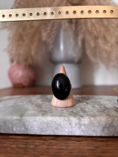Bague Argent�e Ajustable Pierre Obsidienne Noire Naturelle   Acier Inoxydable