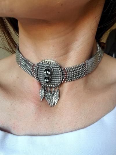 Vintage Collier Ras De Cou Style Am�rindien Navajo Plumes
