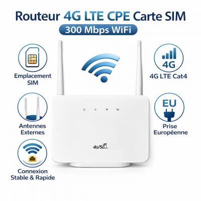 Routeur 4G LTE 300Mbps Modem CPE Carte SIM WiFi Antennes Externes EU