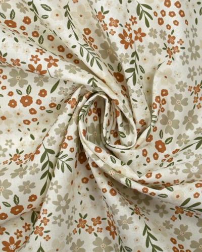 Tissu popeline de coton fleuri blanc marron 1 m�tre