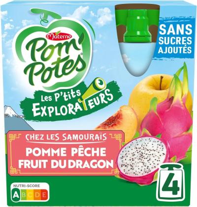 POM'POTES Compotes Sans Sucres Ajout�s Pomme, P�che & Fruit du Dragon lot de 4