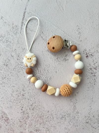Attache T�tine Mouton Silicone Alimentaire Clip Bois H�tre Cadeau B�b�
