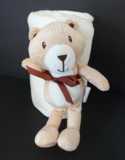 D3. Doudou plaid BEBE DOUCEUR OURS ECUREUIL beige marron blanc 22cm NEUF
