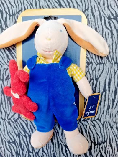 AJENA DOUDOU PELUCHE LAPIN SALOPETTE BLEU-BEBE LAPIN ROUGE 30-40CM 100% NEUF