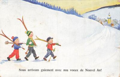 CP ILLUSTREE SIGNEE JOHN WILLS ENFANTS BONNET SKIS VILLAGE NEIGE   54260