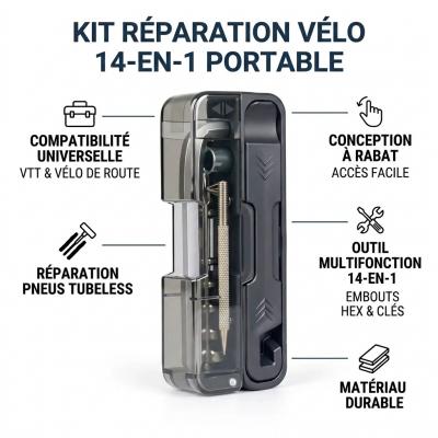 Outil Velo Multi Fonction 14 en 1 Kit Reparation Pneu Tubeless VTT Velo de Route