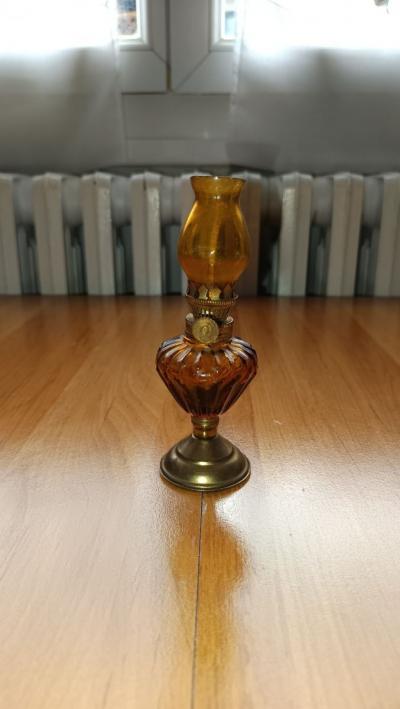 Lampe � huile vintage verre ambr� laiton d�coration r�tro bon �tat