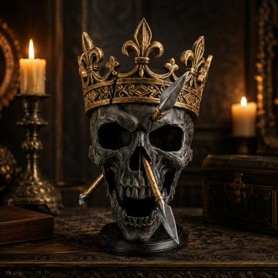 Cr�ne Roi Couronn� 24 cm   Statue T�te de Mort Gothique M�di�vale Noir Or