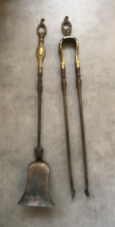 Outil Ancienne PINCE et  PELLE � CENDRE de chemin�e BRONZE et FER FORG� 19�me