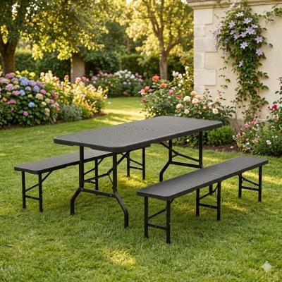 Ensemble Table de Jardin Pliante   2 Bancs Style Rotin Noir