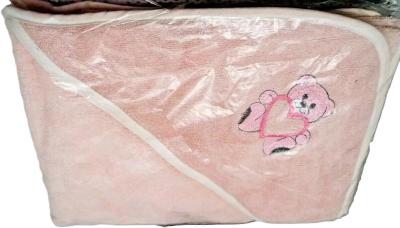 Cape de bain b�b� rose �ponge motif brod� ours avec coeur  75 x 75 cm
