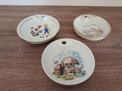 Lot de 3 Anciennes Assiettes Chauffantes � Bouillie B�b� Porcelaine Vintage Fran