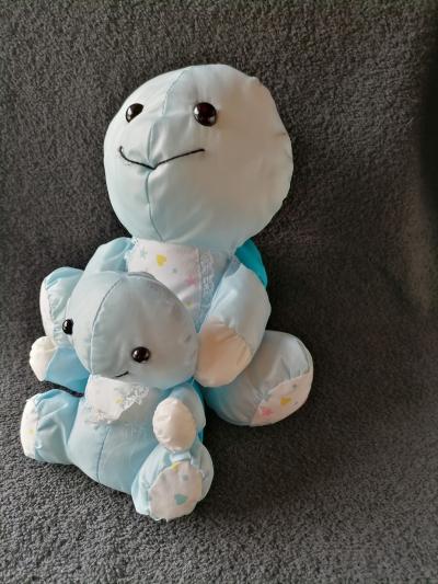 doudou toile parachute style Puffalump Tortue bleue avec b�b�  Cabajou Etat neuf