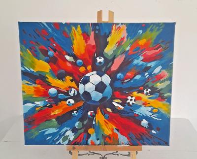 Tableau ballon football peinture acrylique sur fond multicolore fait main 8F.