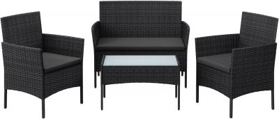 Salon Jardin 4 Places R�sine Tress�e PE Table Verre Fauteuils Banquette