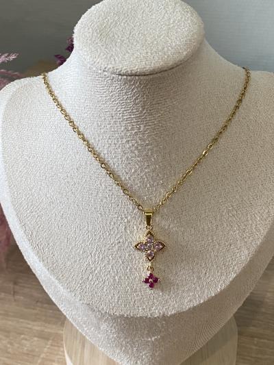 Collier Fantaisie fleurs rose dor�