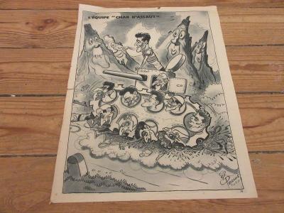 CYCLISME DECOUPE REVUE 114 DESSIN de PELLOS EQUIPE de FRANCE 1955 CHAR d'ASSAUT