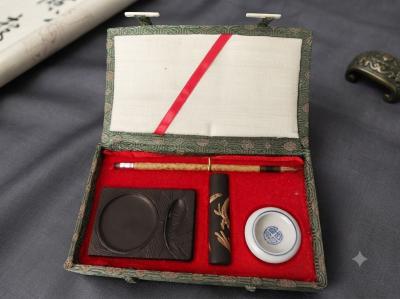 N�cessaire de calligraphie chinois ancien   Bo�te brocart soie   Pierre � encre,