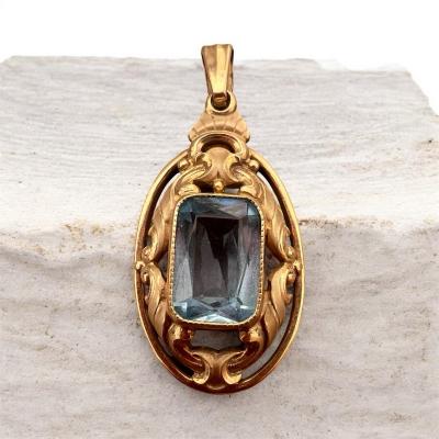 Pendentif, Oresto �poque, Art, D�co, Plaqu� Or, Pierre Bleue Neuf Ancien Stock