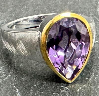 Grosse Bague T 53 Argent Massif et Am�thyste Solitaire Style Art D�co 925 Bross�