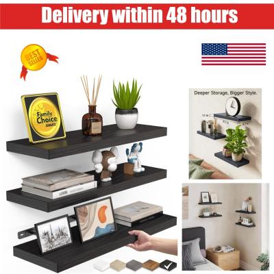 BAYKA Floating Shelves Set of 3, Wall Mounted Rustic Wood Shelves, Black