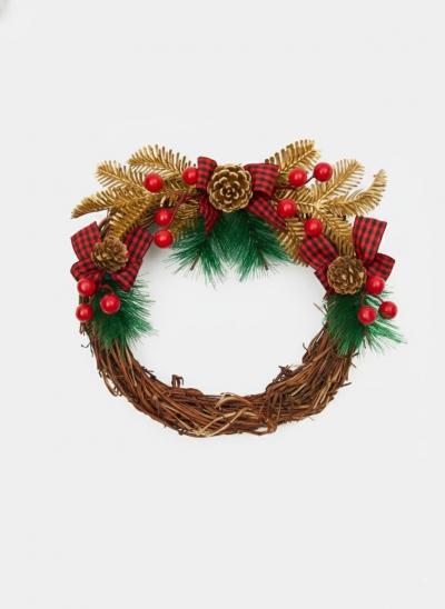 Couronne d�corative de No�l � 20 cm   avec baies rouges, pommes de pin dor�es