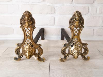Supports de b�ches de chemin�e anciens en laiton (chenets)