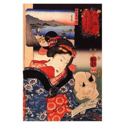 Affiche Ukiyo e Geisha et Chat | Art mural traditionnel | D�cor salon