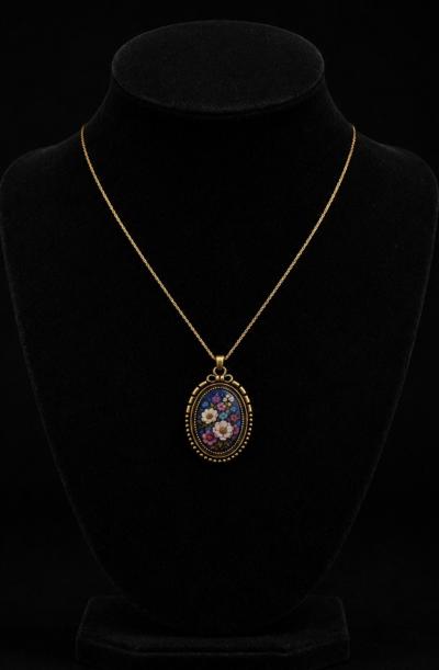 Collier Plaqu� Or   Fleurs Color�es, Floral Vintage, Boh�me   Pendentif Verre