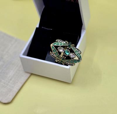 Bague Dor� Vieilli R�glable Art Nouveau Insect Lib�llule Vert Taille EU 56