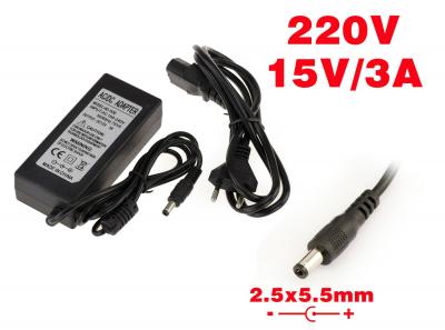 AC DC External Power Supply   220V To 15V 3A Tip 2.5x5.5mm