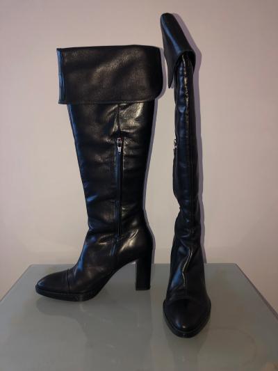 Bottes Espace In Cuoio D Agnello Con Risvolto, Nero, EU 37 (6B) Nuove