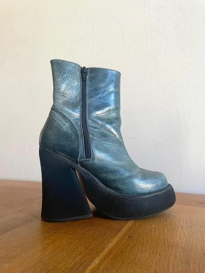 RARE DESTROY Vintage 90s Platform Wedge Boots Teal Leather Made in Spain EU 36