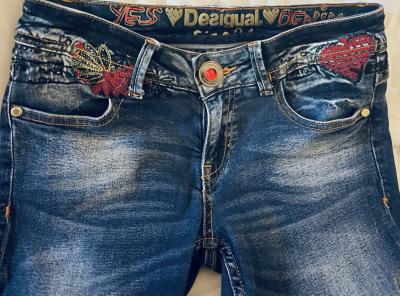Desigual jean femme skinny slim bleu brod� taille 34 coton d�lav� 5 poches