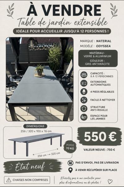Naterial Odyssea Table extensible verre-aluminium gris 256 320x100x76