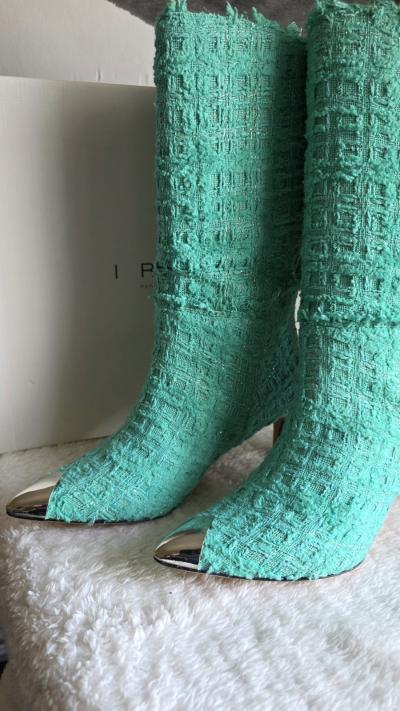 IRO Bottes femme tweed vert bout m�tallis� pointe pointue talon aiguille 37