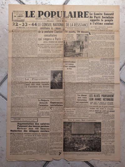 Le Populaire, 28 ao�t 1944, Organe Parti Socialiste SFIO BRACKE DESROUSSEAUX [M]