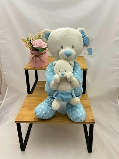 KEEL TOYS OURS VELOURS BLEU  � POIS   AVEC SON B�B� 25CM  ASSIS  NEUF