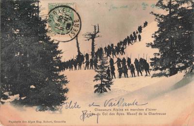 CPA ISERE 38 MILITARIA CHASSEURS ALPINS EN MARCHES D'HIVER COL DES AYES