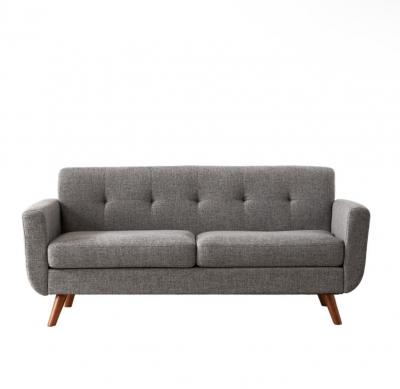 Canap� 2 places gris tissu, pieds bois, avec coussins 165x83 cm